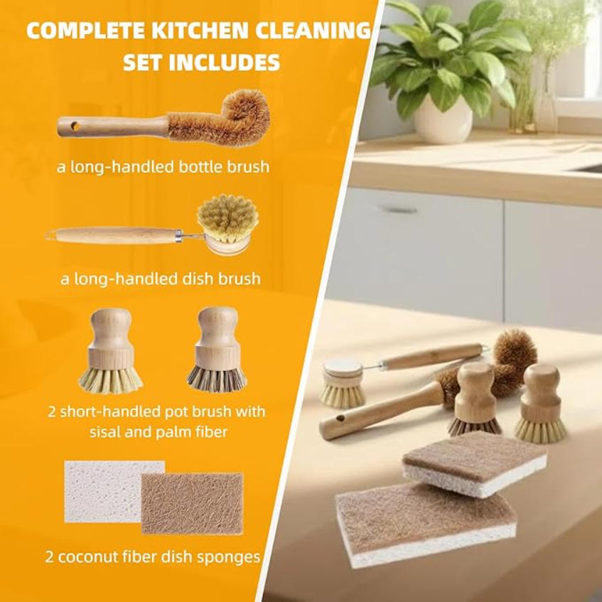 6 PCS Set Sikat Piring Bambu - - Substrate Coconut Fiber ulasan dan harga